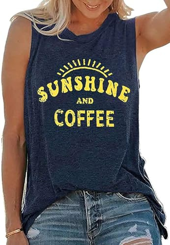 rosemia Tank Tops for Women Summer Sunshine and Coffee Graphic T-Shirts Sleeveless Casual Ladies Loose Tunic Blouse(Sunshine Deep Blue, L)