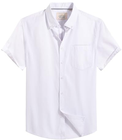 Alimens & Gentle Mens Short Sleeve Dress Shirts Wrinkle Free Solid Casual Button Down Shirts with Pocket, White, Medium