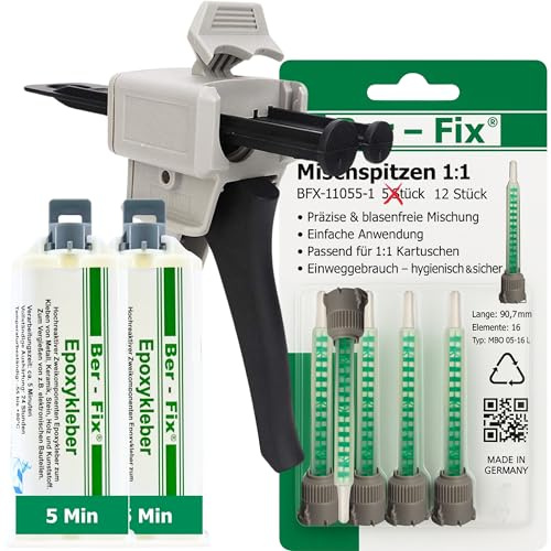 Ber-Fix 5 Min 2K Epoxidharz Kleber EXPRESS 2x 50g Kartusche + Pistole + 10 Spitzen Starker 2-Komponenten-Kleber für Kunststoff, Metall, Holz, Glas, Stein, Beton