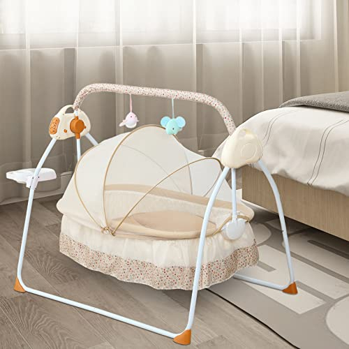 SHZICMY Babywiege Babybett Elektrische, Babyschaukel Elektrisch, Automatischer Schaukelstuhl mit Bluetooth MP3 Musik Player, Auto Swing intelligente Steuerung Baby Crib, 180° Drehbar (Khaki)
