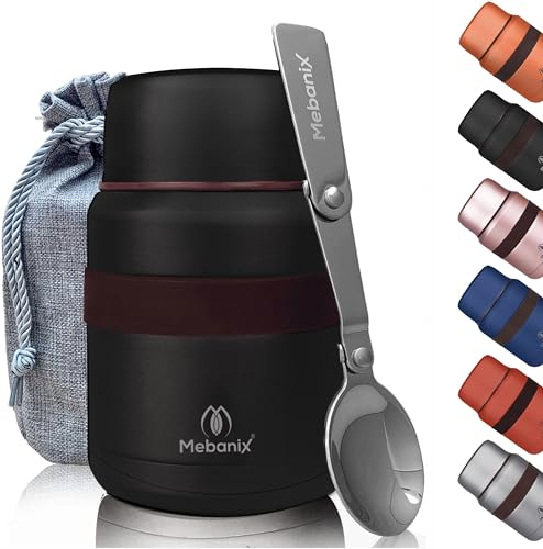 Mebanix Food Flask for Hot Food, Soup | 400ml Stainless Steel Double Walled Vacuum Insulated Leakproof Jar with Folding Spoon | BPA Free | 6 hrs hot 10 hrs cold | For Adults and Kids. Black.