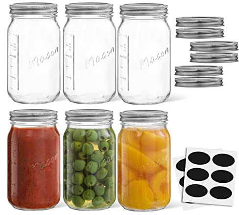 32 Oz Mason Jars With Lids, Labels and Measures! 6-Pack Wide Mouth Mason Jars, Glass Jar with Lid and Band. Airtight Canning Jars, Overnight Oats Jars, Salad Jars, Sourdough Starter Jar