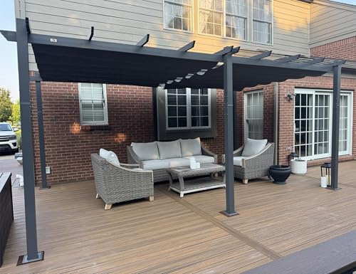 PURPLE LEAF Pergola Aluminium 5,5 x 3,5 m Tissu Teint en Fil, Pergolas pour Terrasse Extérieur, Pergola Jardin Extérieur Toit Coulissante, Pavillon de Jardin Gris