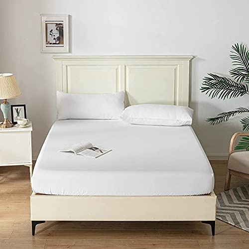Good Nite Double Fitted Sheet Bed Sheets 25cm Extra Deep Pocket Fitted Bedding Sheets Soft and Breathable (White, Double)