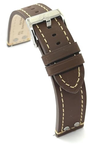 Diloy Bracelet cuir veau huilé style aviateur pilote flieger avec rivets – Tailles 18mm 20mm 22mm 24mm – Noir marron foncé marron clair – Design sportif classique 381 Marron Foncé 20mm