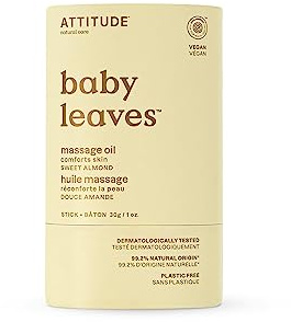 ATTITUDE Massage Oil Bar for Baby, EWG Verified, Plastic-Free, Dermatologically Tested, Made with Naturally Derived Ingredients, Vegan, Sweet Almond, 30 grams
