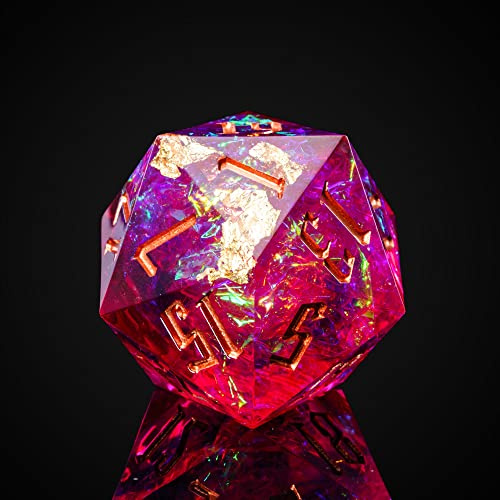Cusdie Dé DND Unique D20 avec Bords tranchants et inclusions de Feuille pailletée, dés D&D à 20 Faces, 33 mm fabriqués à la Main, pour Jeu de rôle (Rose Rouge/B)