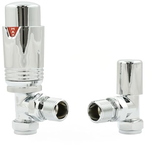 Hot Flow Chrome Estuary Angled TRV Thermostatic Radiator Valve (Pair) Includes Angled TRV Body, Wheel Head, Lock Shield. for Quick & Easy Temperature Control.