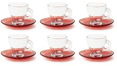 Excelsa Petra - Juego de 6 tazas de café con plato, cristal, transparentes y rojas, capacidad 90 ml.