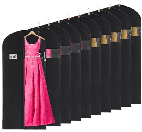 KEEGH 60'' Dress Bags for Gowns Long (Set of 10), Garment Bags for Hanging Clothes, Dress Bags for Closet Storage, Clothes Cover for Hanging Coats Dresses with Clear Window and Label Pocket, Black