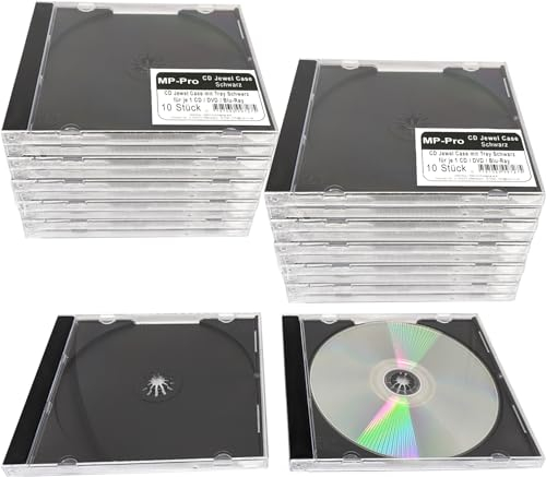 MP-Pro Leere CD Hüllen Jewel Case Transparent mit Single CD-Tray Transparent oder Schwarz, A-Grade CD Leerhüllen - 20 Stück Schwarz (2 x 10)