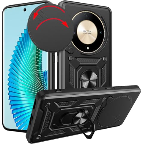 Loyhee Funda para Honor Magic 6 Lite 5G (6.78), Protección de la Cámara Carcasa con Cubierta de Cámara Deslizante y Soporte de Anill PC Dura y TPU Silicone Anti-Choque Case – Negro