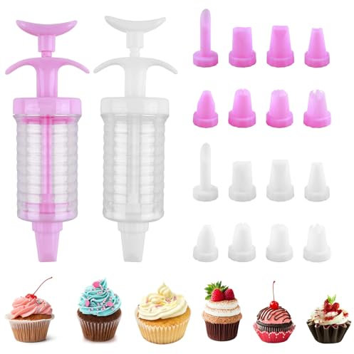 Lot de 2 seringues et douilles à glaçage avec 16 douilles en plastique pour décoration de gâteaux, cupcakes, crèmes, loisirs créatifs, cadeau pour les amateurs de pâtisserie