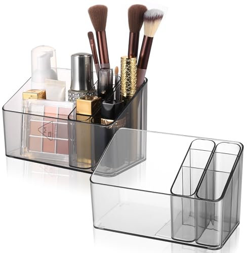 2 Pcs Clear Makeup Organiser Storage Box, Makeup Brush Holder, Movable Case Cosmetic Organisers for Lipstick Skincare Beauty Cosmetics Vanity Dressing Table Organiser, Make Up Brush Holder Stand