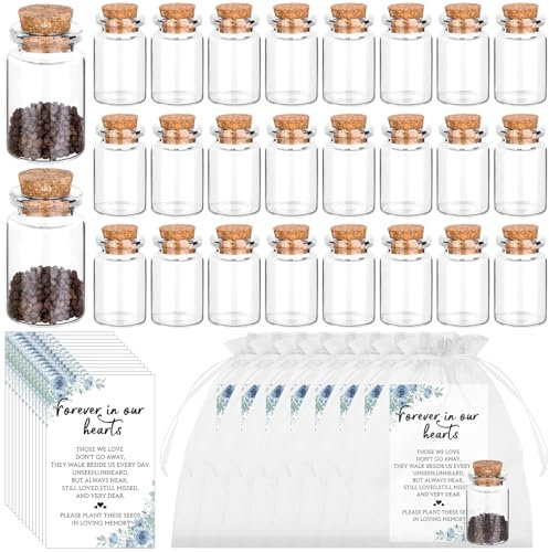 25 Sets Funeral Favors for Guests Include Memorial Cards Glass Bottles with Cork Organza Bags Celebration of Life Decorations Funeral Keepsakes for Loss of Loved One Memorial Service, No Seed (Flower)