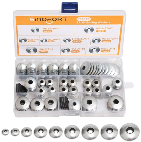 Sinofort 180 Pezzi Rondelle di Tenuta EPDM, Rondelle Gomma in Inox 304, M4.2/M4.8/M5.5/M6.3/M8, Zincato Guarnizione in Neoprene per Viti per Edilizia, Industriali, Macchinari(9 Dimensioni)