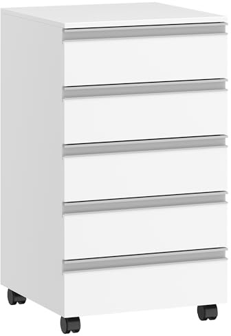 Hzuaneri Rollcontainer, mobiler Aktenschrank, Schubladenschrank mit 5 Schubladen, Lagerschrank für Büro und Homeoffice, Weiß 40 x 40 x 70 cm FC55503X