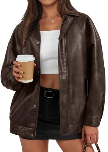Trendy Queen Women's Oversized Faux Leather Jackets - Textured Bomber Moto Style Zip Up Coats for Fall Winter Spring Brown L