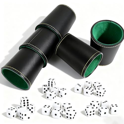 Snowth 5 Piezas Vasos de Dados de Piel con 25 Dados, Cubilete de Dado s, Cubilete de Cuero Forrado en Interior, Accesorio de Juego de Mesa - para niños Adultos Juego Familiar(9 X 7.5CM, Negro)