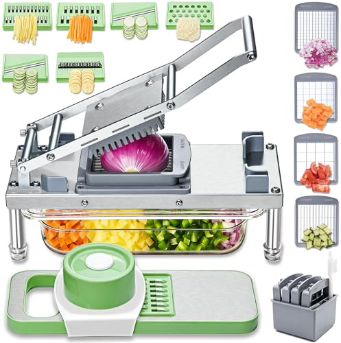 Stainless Steel Vegetable Chopper with 10 Blades - Mandoline Slicer-Pro Food Chopper with Container - Veggie Salad Onion Chopper - Potato Dicer - Tomato Cutter - Cheese Grater