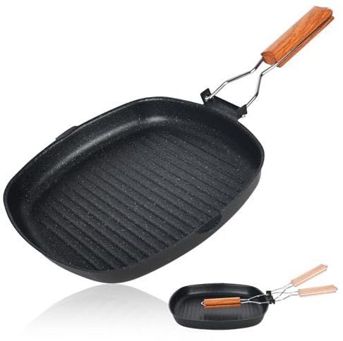 YYTECH Padella grill a induzione, 28 x 28 cm, padella per bistecche, padella grill in ghisa, padella grills antiaderente con manico pieghevole, quadrata in pietra, padella