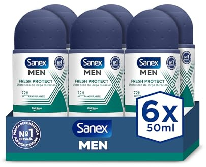 Sanex Men Fresh Protect Desodorante Antitranspirante Roll-On 6 Uds x 50ml, efecto seco de larga duración, frescor, 72 horas de protección contra el sudor y el olor, 0% alcohol*