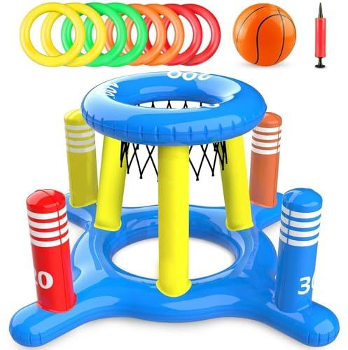 Basketkorg för Pool, 2-i-1 Uppblåsbar Pool Basketleksak och Ringkastningsspel, med Ringar Boll och Luftpump, Slitstark Tjock PVC, Flytande Basketkorg för Strand Trädgård Poolfest A