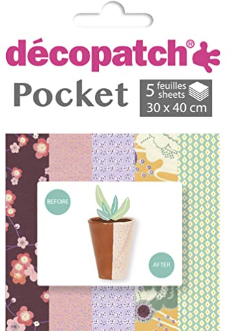 Décopatch - Ref DP025C - Pocket Papers - Floral Patterns - Contains 5 Complementary Sheets of Décopatch Paper, Each Sheet is 30 x 40cm, Small 13 x 9.5cm Pack Size