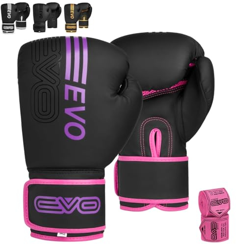 EVO Fitness Matte Black Boxing Gloves MMA Muay Thai Martial Arts Kick Boxing Sparring Training Fighting Men Punch Bag Women Pink Gloves With Hand Wraps (Pink, 10 OZ)
