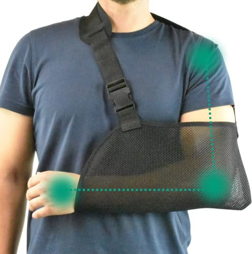 OrtoPrime Atmungsaktive Arm- und Schulterschlinge - Bilaterale Stütze für den linken und rechten Ellenbogen - Medizinische Bandage für Damen und Herren - Arretierende Schlinge für Winter und Sommer