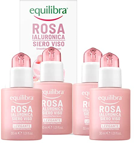 4x Equilibra Rosa Ialuronica Siero Viso Levigante Rigenerante Tonificante Idratante Antiossidante Elasticizzante Illuminante Rinfrescante Anti Età Naturale con Vitamina C - 4 Flaconi da 30ml ciascuno