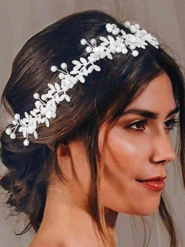 IYOU Cristallo Sposa Vite per Capelli Foglia Argento Matrimonio Fascia per capelli Fiore di Perle Sposa Accessori per Capelli da Damigella D'onore per le Donne