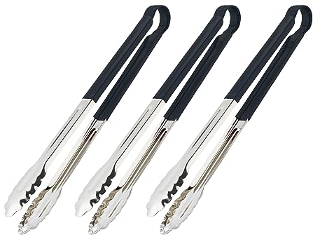 Relaxdays Pinze per Barbecue e Spaghetti, Set da 3, Acciaio, Manico Antiscivolo, Lungo 40 cm, Griglia e Cucina, Nero