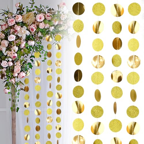FainFun 4 Stück 4m Luftschlangen Gold, Glitzer Girlande, Romantische Girlande Runde Kreise, Glitzer Deko, Vorhang Party Deko für Party Deko, Girlande Hochzeit, Hochzeiten, Feiertagsdekorationen