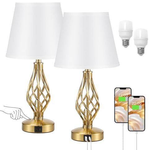 Touch Table Lamps Set of 2, Bedside Lamps with USB-C USB-A Ports, Bedroom Lamps with White Shade and Spiral Cage Design Gold Base, 3 Way Dimmable Table Lamps for Bedroom Living Room and Hotel