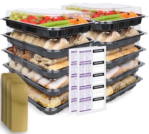 Pack of 10 Sandwich Platter Trays with Lids – Catering Food Platters | Reusable platters with dividers and labels for parties, buffets, catering and meal prep. 33.5 × 24 × 7 cm.