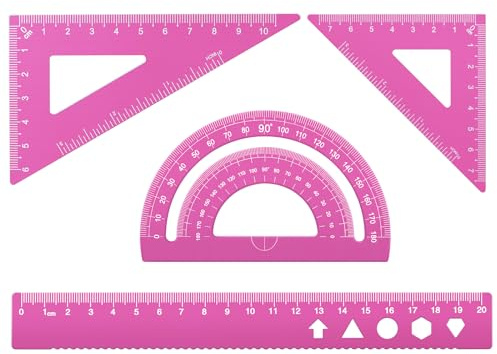 MSDADA Set di 4 righelli triangolari, goniometri, quadrati e righelli, in lega di alluminio, kit da disegno in metallo, goniometro geometrico per studenti, scuola, casa, ufficio (colore rosa, 20 cm)