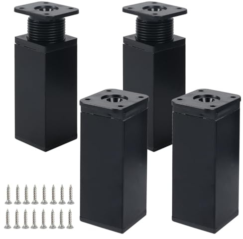 Luabue 4 Piezas Patas para Muebles 10 cm Regulables Negro Patas para Mesas, Mesillas, Mueble Baño, Estanterías, Diseño: Cuadrado, Tornillos incluidos (Negro, 10cm)