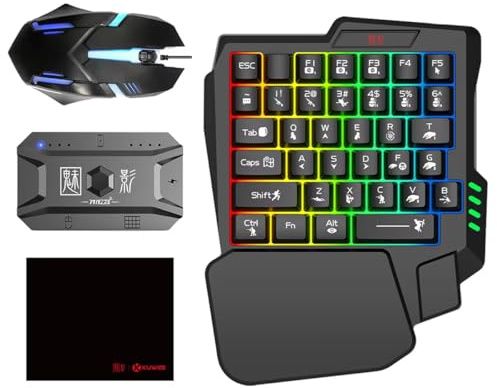 YOVDA One Handed Gaming Keyboard and Mouse Combo, with Gaming Mouse Converter, Rainbow Backlit 25 Keys Portable Small Mechanical Feel Keyboard Support Customize Button, for Android, PC Gamer