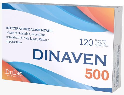 DuLàc, Dinaven 500 120 Compresse da 650 mg, Integratore Alimentare per Circolazione, Gambe Gonfie e Pesanti, con Diosmina ed Esperidina, Ideale per Microcircolo e Capillari Fragili, Made in Italy