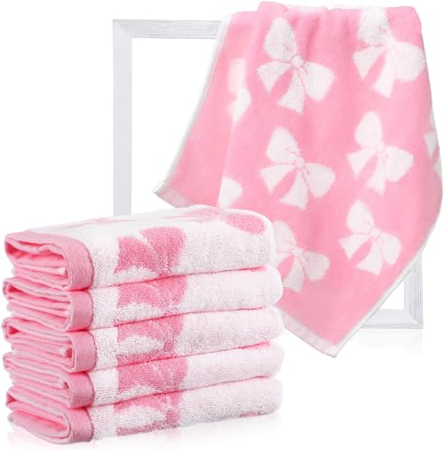 SmoothNovelty 6 Pcs Pink Bow Washcloths 100% Cotton Wash Cloths 13 x 13 Coquette Small Face Towels Absorbent Soft Hand Bath Towels for Bathroom, Spa, Kitchen Drying Cleaning(Cute Style)