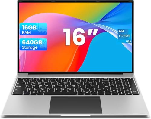 jumper Laptop 16 Zoll, 16 GB RAM 640 GB ROM, Notebook Bis zu 3,4 GHz, 4-Core N95 Prozessor, PC mit Nummerntastatur, Stereo Lautsprecher, WiFi, HDMI, 38Wh Akku, 1200p FHD IPS Display