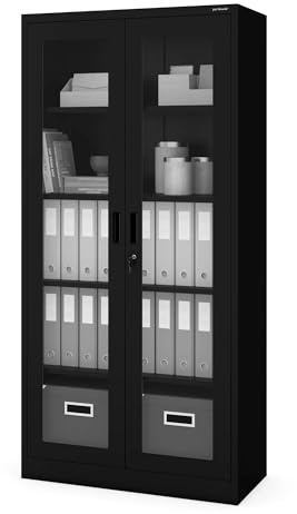 Jan Nowak Armario de Oficina Archivador C012 Armario Metálico Vitrina de Cristal 4 Estantes Pintura en Polvo Metal 185 cm x 90 cm x 40 cm Negro