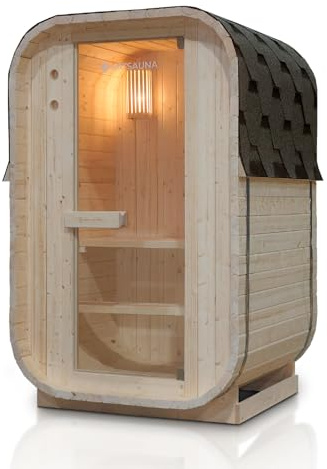 Artsauna Fasssauna Nolvik S, Outdoor-Sauna aus Fichtenholz, 3,6 kW Ofen, LED, Komplettset mit Sanduhr, Eimer & Thermometer, Winterfest, Cube Design