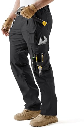 IGOLUMON Men's Stretch Tactical Work Pants, Breathable Ripstop Cargo Pants with 15 Pockets, Construction EDC Hiking Pants Black
