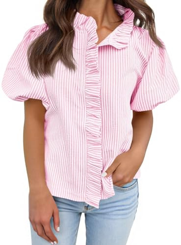 Tankaneo Womens Short Puff Sleeve Button Down Shirts Summer Ruffle Striped Work Tops Stand Collar Trendy Casual Loose Blouse Light Pink