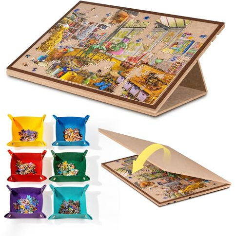 Jigpal Tavola per puzzle inclinabile con supporto 2 in 1 e coperchio, tavolo portaoggetti leggero in feltro con 3 angoli regolabili, 6 vassoi di ordinamento per puzzle fino a 1000 pezzi