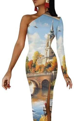 Vestidos de otoño con hombros descubiertos para mujer, largo de media manga con abertura, vestido de cóctel, Estilo:, M