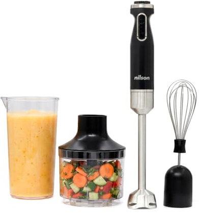 Nilson Life Handmixer, 1 000 W maximal effekt, blad med 4 blad, blandning, krossning, gädda och emulgering, flera hastigheter, manuell kontroll, Turbo-funktion, 0,6 l kopp, NHB10003AP, kabel 1 m