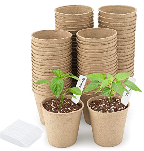 KINGLAKE Biodegradable Small Plant Pots Fibre Seedling Pots, 8cm 100Pcs Compostable Flower Seed Pots for Planting Vegetables, Fruits, Herbs with 100 Plant Labels